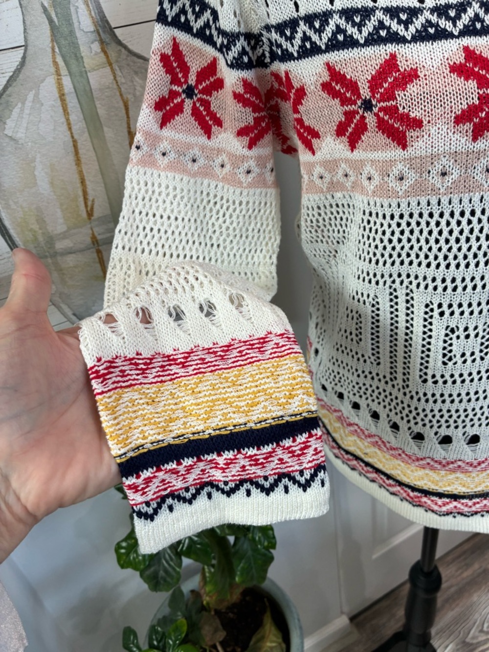 Ivory Open-Knit Crewneck Sweater with Red Fair Isle Accents - Picture 3 of 7
